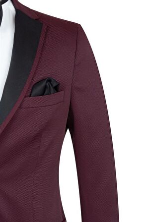 Desenli Armürlü Mono Yaka Astarlı 6 Drop Slim Fit Dar Kesim Smokin Damatlık 1001195190 Bordo