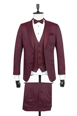 Desenli Armürlü Mono Yaka Astarlı Yelekli 6 Drop Slim Fit Dar Kesim Smokin Damatlık 1001195219 Bordo