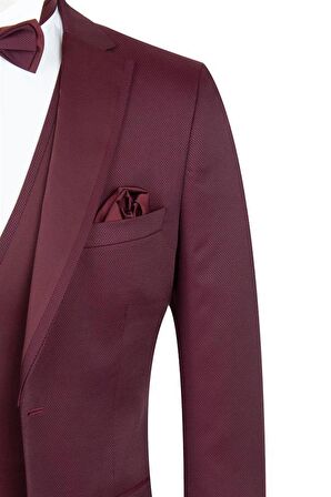 Desenli Armürlü Mono Yaka Astarlı Yelekli 6 Drop Slim Fit Dar Kesim Smokin Damatlık 1001195219 Bordo