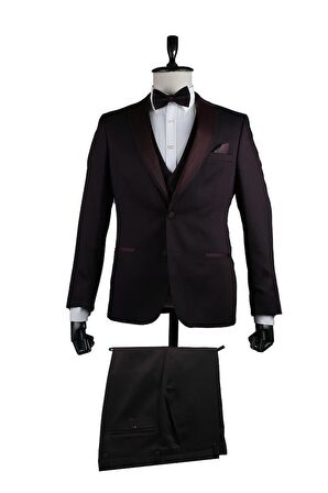 Desenli Armürlü Mono Yaka Astarlı Yelekli 6 Drop Slim Fit Dar Kesim Smokin Damatlık 1001200937 Bordo