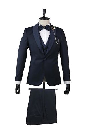 Desenli Şal Yaka Astarlı Yelekli 6 Drop Slim Fit Dar Kesim Smokin Damatlık 1001210103 Lacivert