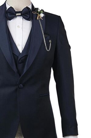 Desenli Şal Yaka Astarlı Yelekli 6 Drop Slim Fit Dar Kesim Smokin Damatlık 1001210103 Lacivert