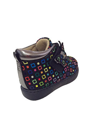 OrtopedikAL 1001 Ridente Siyah Platin Baskı Bebe Kız Çocuk Bot % 100 DERİ Kalın Tek Cırtlı