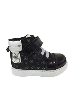OrtopedikAL 1001 Ridente Siyah Baskılı Bebe Kız Çocuk Bot % 100 DERİ Lastik Ve Cırtlı