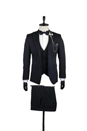 Desenli Armürlü Mono Yaka Astarlı Yelekli 6 Drop Slim Fit Dar Kesim Smokin Damatlık 1001220201 Koyu Lacivert