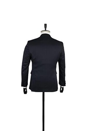 Desenli Armürlü Mono Yaka Astarlı Yelekli 6 Drop Slim Fit Dar Kesim Smokin Damatlık 1001220201 Koyu Lacivert