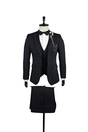 Desenli Armürlü Mono Yaka Astarlı Yelekli 6 Drop Slim Fit Dar Kesim Smokin Damatlık 1001220202 Koyu Lacivert