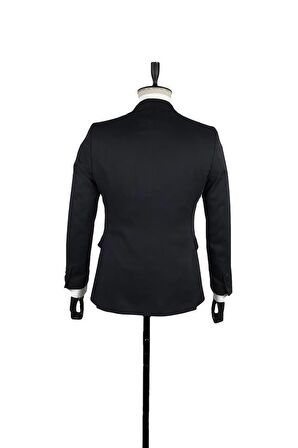 Desenli Armürlü Mono Yaka Astarlı Yelekli 6 Drop Slim Fit Dar Kesim Smokin Damatlık 1001220202 Koyu Lacivert