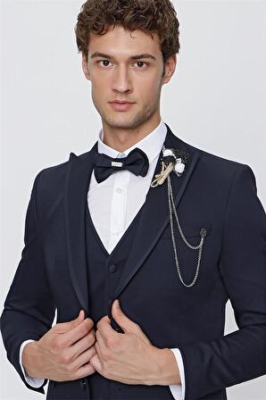 Desenli Armürlü Kırlangıç Yaka Astarlı Yelekli 6 Drop Slim Fit Dar Kesim Smokin Damatlık 1001220203 Koyu Lacivert