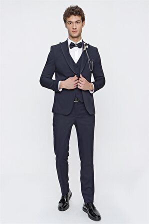 Desenli Armürlü Kırlangıç Yaka Astarlı Yelekli 6 Drop Slim Fit Dar Kesim Smokin Damatlık 1001220203 Koyu Lacivert