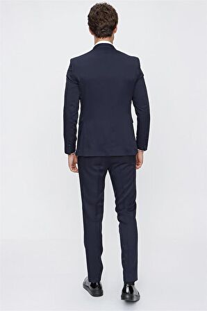 Desenli Armürlü Kırlangıç Yaka Astarlı Yelekli 6 Drop Slim Fit Dar Kesim Smokin Damatlık 1001220203 Koyu Lacivert