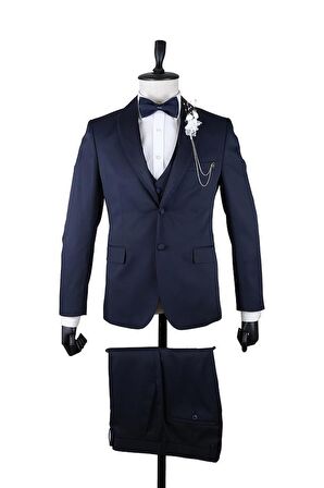 Desenli Armürlü Mono Yaka Astarlı Yelekli 6 Drop Slim Fit Dar Kesim Smokin Damatlık 1001220205 Koyu Lacivert