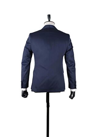 Desenli Armürlü Mono Yaka Astarlı Yelekli 6 Drop Slim Fit Dar Kesim Smokin Damatlık 1001220205 Koyu Lacivert