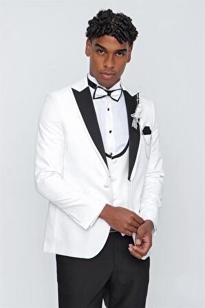 Desenli Armürlü Kırlangıç Yaka Astarlı Yelekli 6 Drop Slim Fit Dar Kesim Smokin Damatlık 1001220206 Açık Krem