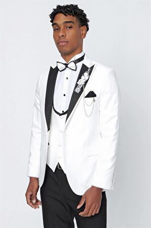 Desenli Armürlü Kırlangıç Yaka Astarlı Yelekli 6 Drop Slim Fit Dar Kesim Smokin Damatlık 1001220206 Açık Krem