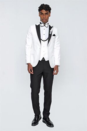 Desenli Armürlü Kırlangıç Yaka Astarlı Yelekli 6 Drop Slim Fit Dar Kesim Smokin Damatlık 1001220206 Açık Krem