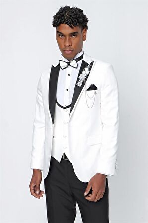Desenli Armürlü Kırlangıç Yaka Astarlı Yelekli 6 Drop Slim Fit Dar Kesim Smokin Damatlık 1001220206 Açık Krem