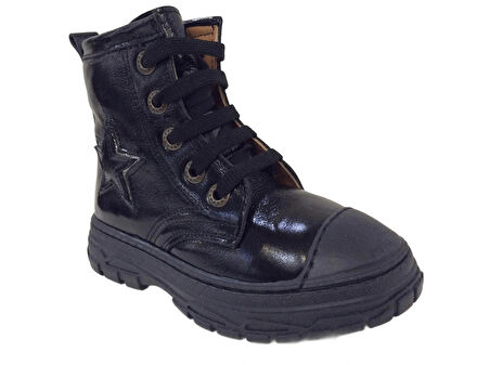 OrtopedikAL 1001 Ridente Siyah Yıldızlı Patik Kız Çocuk Bot % 100 DERİ Bağcık ve Fermuarlı