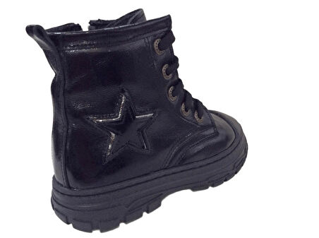 OrtopedikAL 1001 Ridente Siyah Yıldızlı Patik Kız Çocuk Bot % 100 DERİ Bağcık ve Fermuarlı