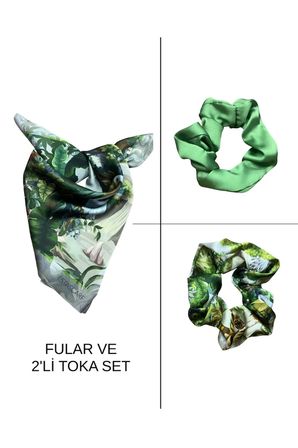 Kadın Dijital Baskılı Leopar Fular & Simit Toka Seti – 1 Fular (48×48 cm) + 2 Simit Toka