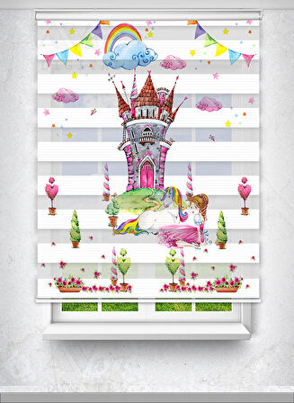 Prenses ve Unicorn Baskılı Çocuk Odası perdesi - Dijital Baskılı Zebra Stor Perde