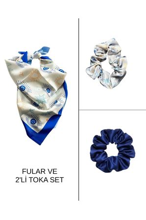 Kadın Dijital Baskılı Göz Fular & Simit Toka Seti – 1 Fular (48×48 cm) + 2 Simit Toka
