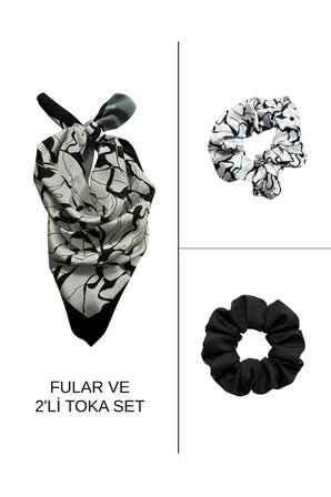 Kadın Dijital Baskılı Mermer Fular & Simit Toka Seti – 1 Fular (48×48 cm) + 2 Simit Toka
