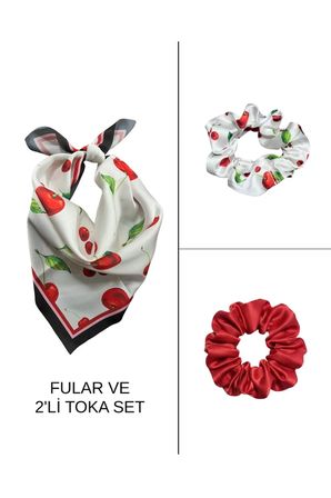 Kadın Dijital Baskılı Kiraz Fular & Simit Toka Seti – 1 Fular (48×48 cm) + 2 Simit Toka