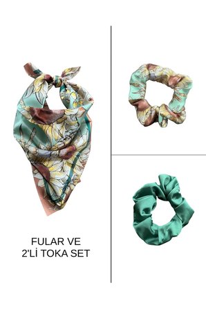 Kadın Dijital Baskılı Ayçiçek Fular & Simit Toka Seti – 1 Fular (48×48 cm) + 2 Simit Toka