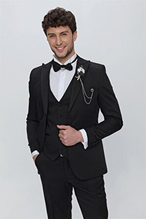 Armürlü Kırlangıç Yaka Tam Astar Yelekli 6 Drop Slim Fit Dar Kesim Smokin Damatlık 1001225178 Siyah