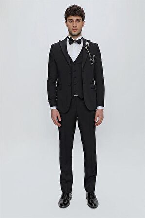 Armürlü Kırlangıç Yaka Tam Astar Yelekli 6 Drop Slim Fit Dar Kesim Smokin Damatlık 1001225178 Siyah