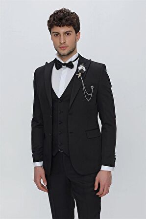 Armürlü Kırlangıç Yaka Tam Astar Yelekli 6 Drop Slim Fit Dar Kesim Smokin Damatlık 1001225178 Siyah