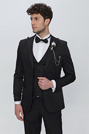 Armürlü Kırlangıç Yaka Tam Astar Yelekli 6 Drop Slim Fit Dar Kesim Smokin Damatlık 1001225178 Siyah