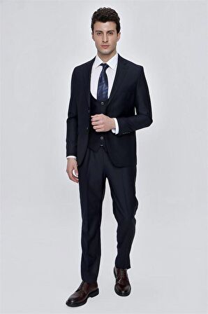 Mono Yaka Astarlı Yelekli 6 Drop Slim Fit Dar Kesim Takım Elbise 1001225186 Lacivert