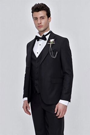 Desenli Armürlü Çıkarılabilir Mono Yaka Tam Astar Yelekli 6 Drop Slim Fit Dar Kesim Smokin Damatlık 1001225202 Siyah