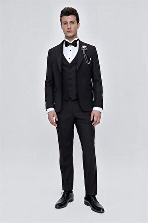 Desenli Armürlü Çıkarılabilir Mono Yaka Tam Astar Yelekli 6 Drop Slim Fit Dar Kesim Smokin Damatlık 1001225202 Siyah