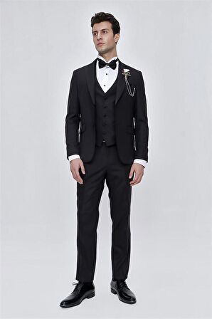 Desenli Armürlü Çıkarılabilir Mono Yaka Tam Astar Yelekli 6 Drop Slim Fit Dar Kesim Smokin Damatlık 1001225202 Siyah