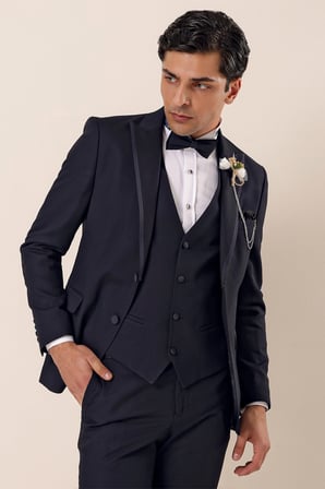 Desenli Çıkarılabilir Kırlangıç Yaka Tam Astar Yelekli 6 Drop Slim Fit Dar Kesim Smokin Damatlık 1001225203 Koyu Lacivert