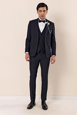 Desenli Çıkarılabilir Kırlangıç Yaka Tam Astar Yelekli 6 Drop Slim Fit Dar Kesim Smokin Damatlık 1001225203 Koyu Lacivert