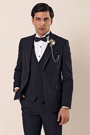 Desenli Çıkarılabilir Kırlangıç Yaka Tam Astar Yelekli 6 Drop Slim Fit Dar Kesim Smokin Damatlık 1001225203 Koyu Lacivert