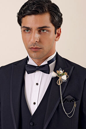 Desenli Çıkarılabilir Kırlangıç Yaka Tam Astar Yelekli 6 Drop Slim Fit Dar Kesim Smokin Damatlık 1001225203 Koyu Lacivert