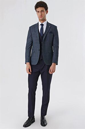 Koyu Lacivert Ekoseli Mono Yaka Astarlı Yelekli 6 Drop Slim Fit Dar Kesim Klasik Takım 1001230170