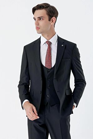 Siyah Mono Yaka Astarlı Çift Yırtmaç Yelekli 6 Drop Slim Fit Dar Kesim Basic Takım 1001230186