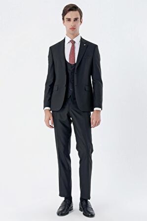 Siyah Mono Yaka Astarlı Çift Yırtmaç Yelekli 6 Drop Slim Fit Dar Kesim Basic Takım 1001230186