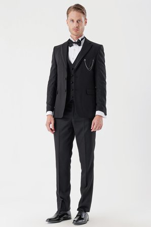 Desenli Armürlü Çıkarılabilir Mono Yaka Yelekli 6 Drop Slim Fit Smokin Damatlık Takım 1001230202 Siyah
