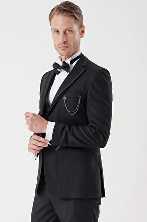 Desenli Armürlü Çıkarılabilir Mono Yaka Yelekli 6 Drop Slim Fit Smokin Damatlık Takım 1001230202 Siyah