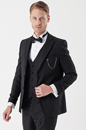 Desenli Armürlü Çıkarılabilir Mono Yaka Yelekli 6 Drop Slim Fit Smokin Damatlık Takım 1001230202 Siyah