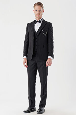 Desenli Armürlü Çıkarılabilir Mono Yaka Yelekli 6 Drop Slim Fit Smokin Damatlık Takım 1001230202 Siyah