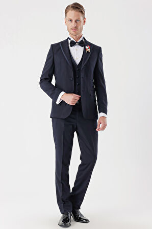 Desenli Armürlü Çıkarılabilir Mono Yaka Yelekli 6 Drop Slim Fit Smokin Damatlık Takım 1001230202 Koyu Lacivert