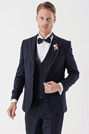 Desenli Armürlü Çıkarılabilir Mono Yaka Yelekli 6 Drop Slim Fit Smokin Damatlık Takım 1001230202 Koyu Lacivert